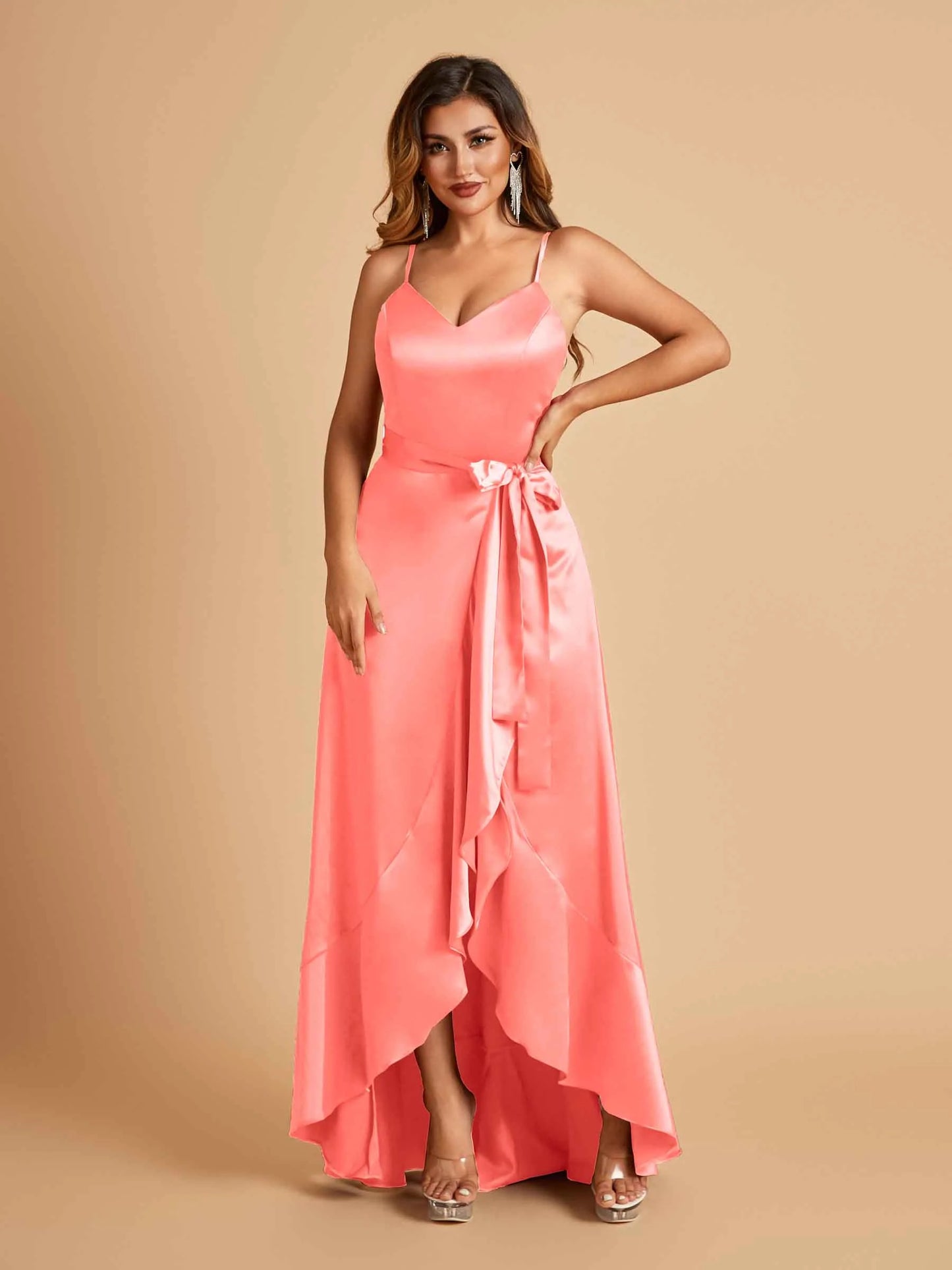 Satin Asymmetric V-neck Bridesmaid Dresses Sleeveless Side Slit A-line Unique For Sale