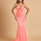 Satin Mermaid Open-back Prom Dresses Spaghetti Straps V-neck With Pleats Floor Length