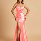 Satin Mermaid V-neck Bridesmaid Dresses Spaghetti Straps Side Slit Floor Length