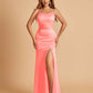 Satin Mermaid Long Bridesmaid Dresses Spaghetti Straps Scoop Side Slit Criss-cross Back