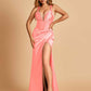 Sexy Sweetheart Sheath Prom Dresses Spaghetti Straps Satin Side Slit Pleats Floor Length