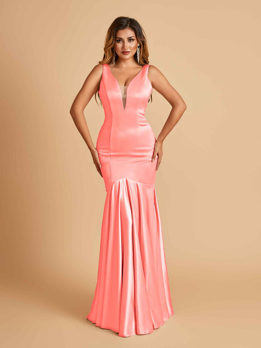 Satin Deep V-neck Mermaid Bridesmaid Dresses Half Open Back Floor Length
