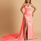 Sexy Satin Sheath Bridesmaid Dresses Spaghetti Straps Sweetheart Side Slit With Train