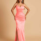Satin Mermaid Long Prom Dresses Spaghetti Straps V-neck Side Slit Floor Length