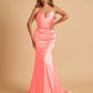 Sexy Satin Mermaid Prom Dresses Spaghetti Straps V-neck Pleats Floor Length