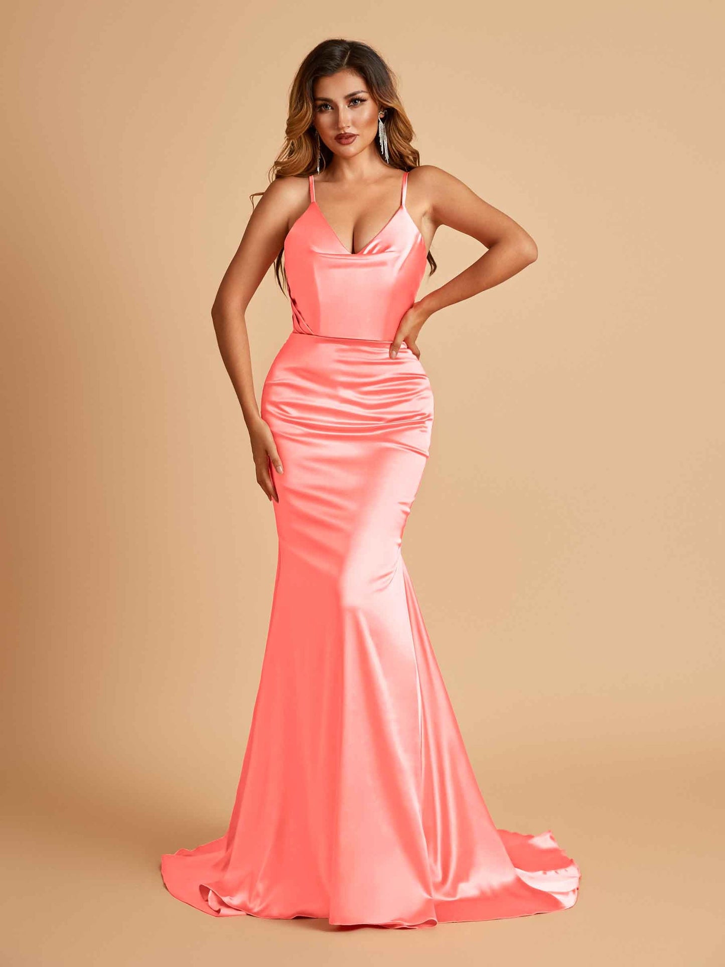 Sexy Satin Mermaid Prom Dresses Spaghetti Straps V-neck Pleats Floor Length