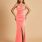 Sexy Satin Mermaid Bridesmaid Dresses Spaghetti Straps V-neck Side Slit Floor Length