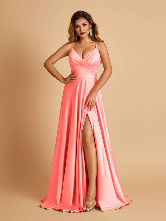Satin A-line Long Bridesmaid Dresses Spaghetti Straps V-neck Side Slit Floor Length