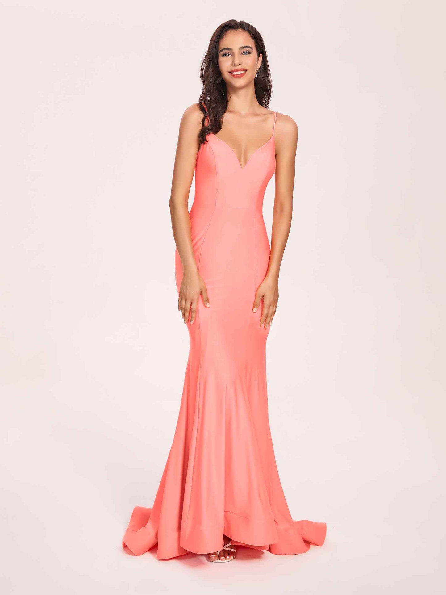 Sexy Satin Mermaid Prom Dresses Spaghetti Straps V-neck Floor Length Lace-up Back