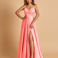 Satin A-line Long Prom Dresses Spaghetti Straps V-neck Side Slit Floor Length