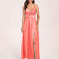 Satin Spaghetti Straps A-line Bridesmaid Dresses Side Slit Floor Length