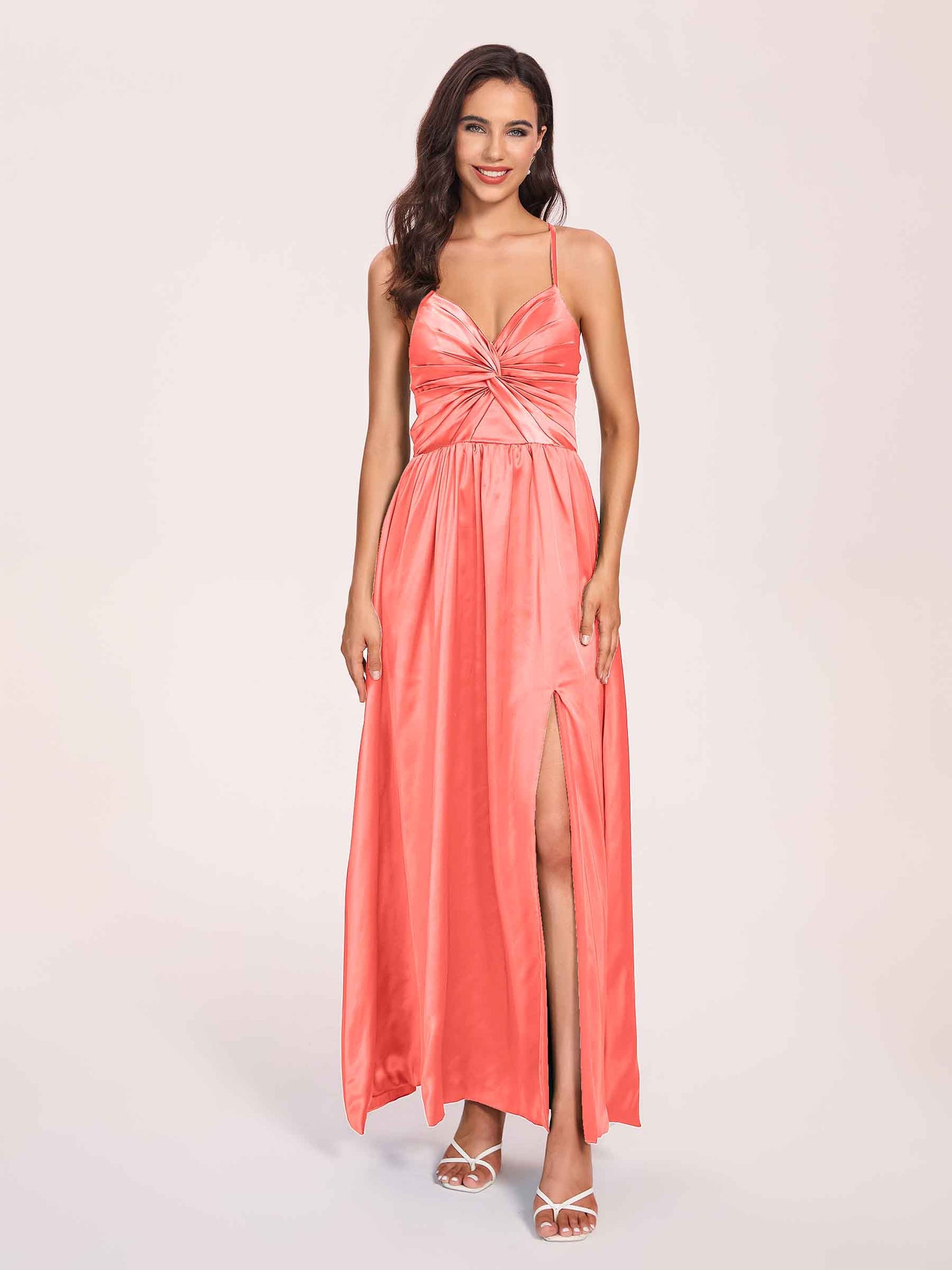 Satin Spaghetti Straps A-line Bridesmaid Dresses Side Slit Floor Length