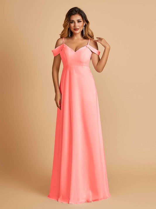 Chiffon Off-shoulder Long Bridesmaid Dresses V-neck Floor Length A-line