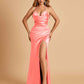 Sexy Satin Halter Straps Sheath Prom Dresses Side Slit Pleats Floor Length