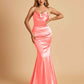 Satin Mermaid Open Back Prom Dresses Spaghetti Straps Scoop Floor Length