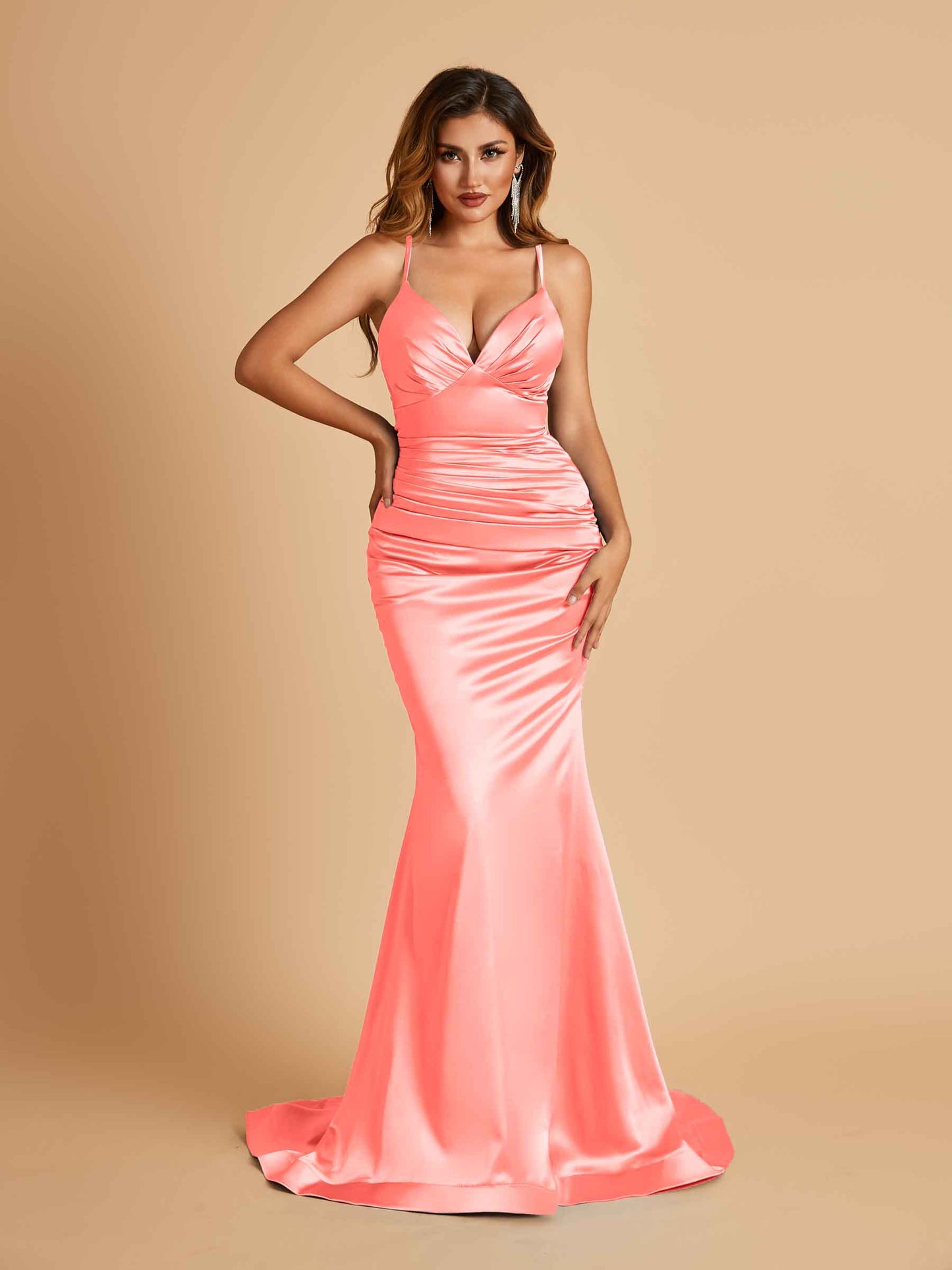 Satin Mermaid V-neck Bridesmaid Dresses Spaghetti Straps Floor Length