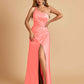 Satin One Shoulder Sheath Bridesmaid Dresses Spaghetti Straps Side Slit Floor Length