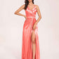 Sexy Satin A-line Prom Dresses Spaghetti Straps Side Slit V-neck Floor Length