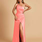 Satin One Shoulder Sheath Prom Dresses Spaghetti Straps Side Slit Floor Length
