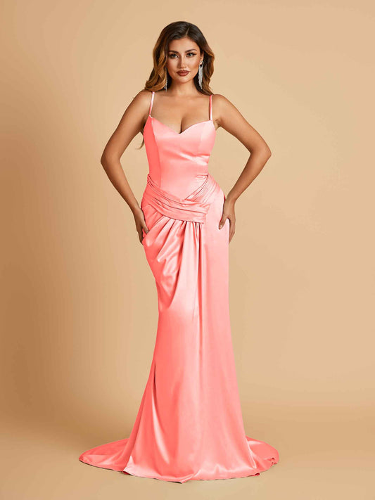 Satin Mermaid Sweetheart Bridesmaid Dresses Spaghetti Straps With Pleats Floor Length