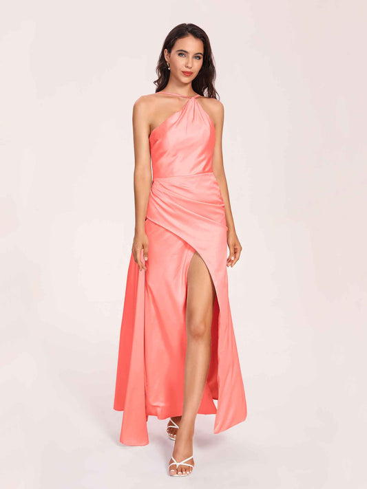 Sexy Satin Halter Strap Sheath Bridesmaid Dresses Side Slit Pleats Floor Length