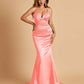 Satin Mermaid V-neck Prom Dresses Spaghetti Straps Floor Length