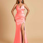 Sexy Satin Mermaid Long Prom Dresses Spaghetti Straps Sweetheart Side Slit Criss-cross Back