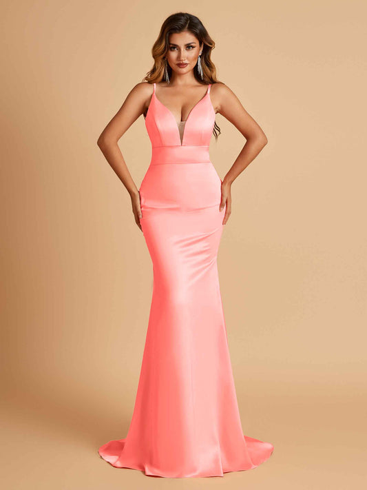 Satin Deep V-neck Mermaid Bridesmaid Dresses Open Back Floor Length