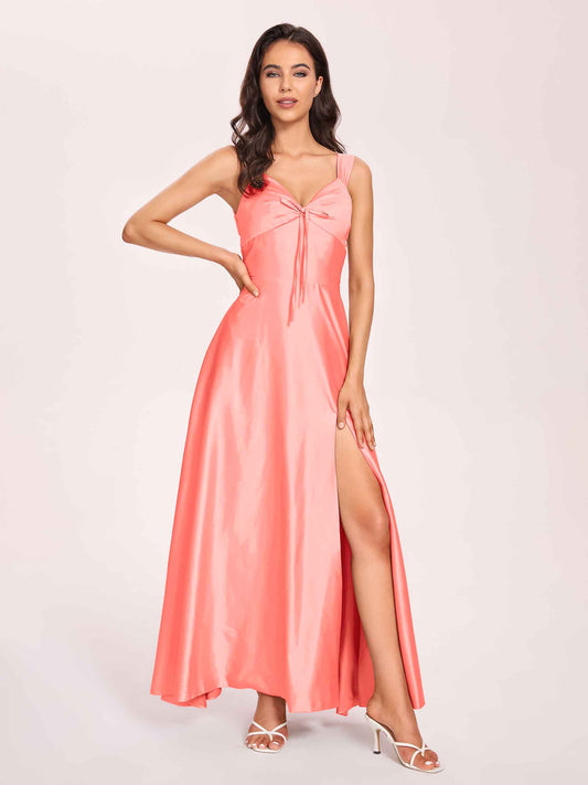 Satin V-neck A-line Bridesmaid Dresses Side slit Floor Length