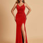 Jersey Mermaid Bridesmaid Dresses Spaghetti Straps V-neck Side Slit Floor Length