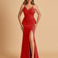 Sexy Jersey Mermaid Bridesmaid Dresses Spaghetti Straps V-neck Criss Cross Side Slit Floor Length