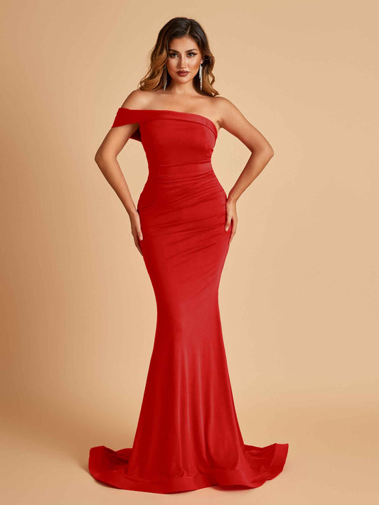 Sexy Jersey One Shoulder Bridesmaid Dresses Mermaid Pleats Floor Length Unique