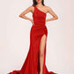 Jersey One-shoulder Prom Dresses Open Back Pleats Side-Slit With Train Long