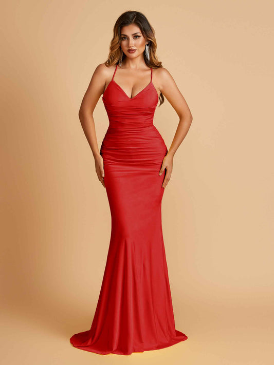 Sexy Jersey Spaghetti Straps Bridesmaid Dresses V-neck Mermaid Criss-cross Back Floor Length