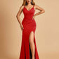 Jersey Mermaid Bridesmaid Dresses Spaghetti Straps V-neck Side Slit Pleats Floor Length