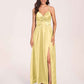 Satin Spaghetti Straps A-line Bridesmaid Dresses Side Slit Floor Length