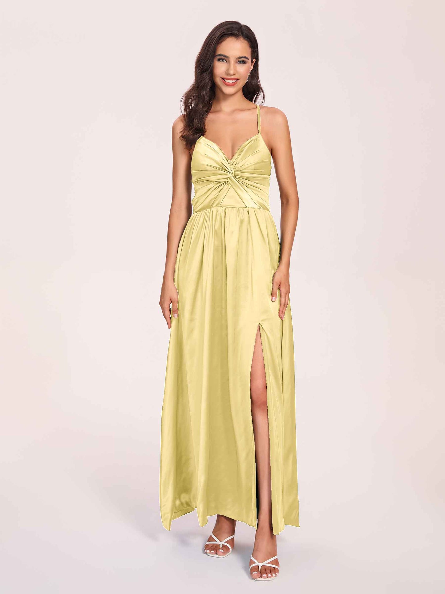 Satin Spaghetti Straps A-line Bridesmaid Dresses Side Slit Floor Length