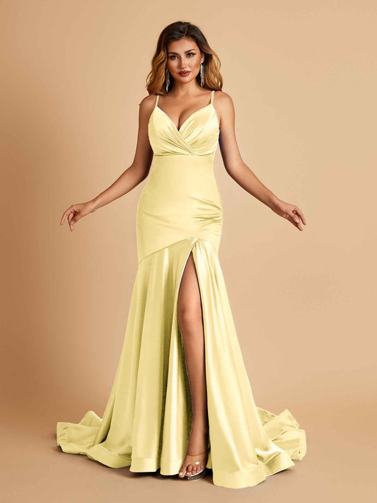 Sexy Satin Mermaid Open Back Bridesmaid Dresses Spaghetti Straps V-neck Side Slit