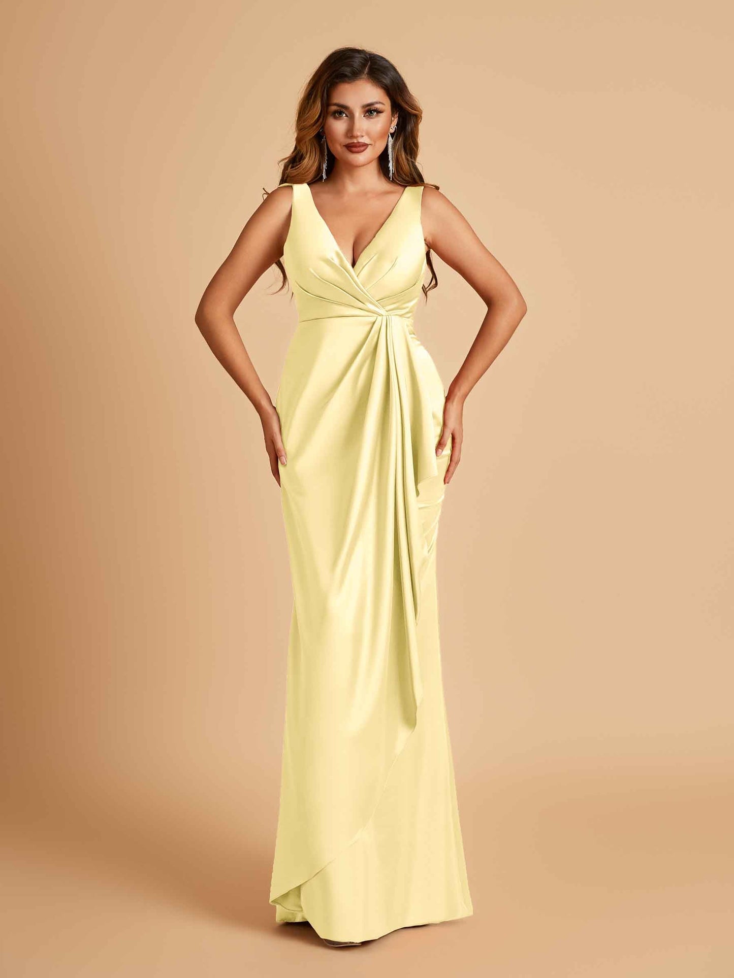Sexy Satin Sheath V-neck Prom Dresses Strapless Floor Length