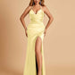 Sexy Satin Halter Straps Sheath Prom Dresses Side Slit Pleats Floor Length