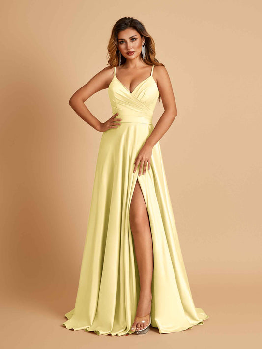 Satin A-line Long Bridesmaid Dresses Spaghetti Straps V-neck Side Slit Floor Length