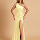 Unique Satin One Shoulder Sheath Bridesmaid Dresses Open Back Side Slit Floor Length