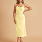 Sexy Satin Midi Prom Dresses Spaghetti Straps Slip Scoop Side Slit