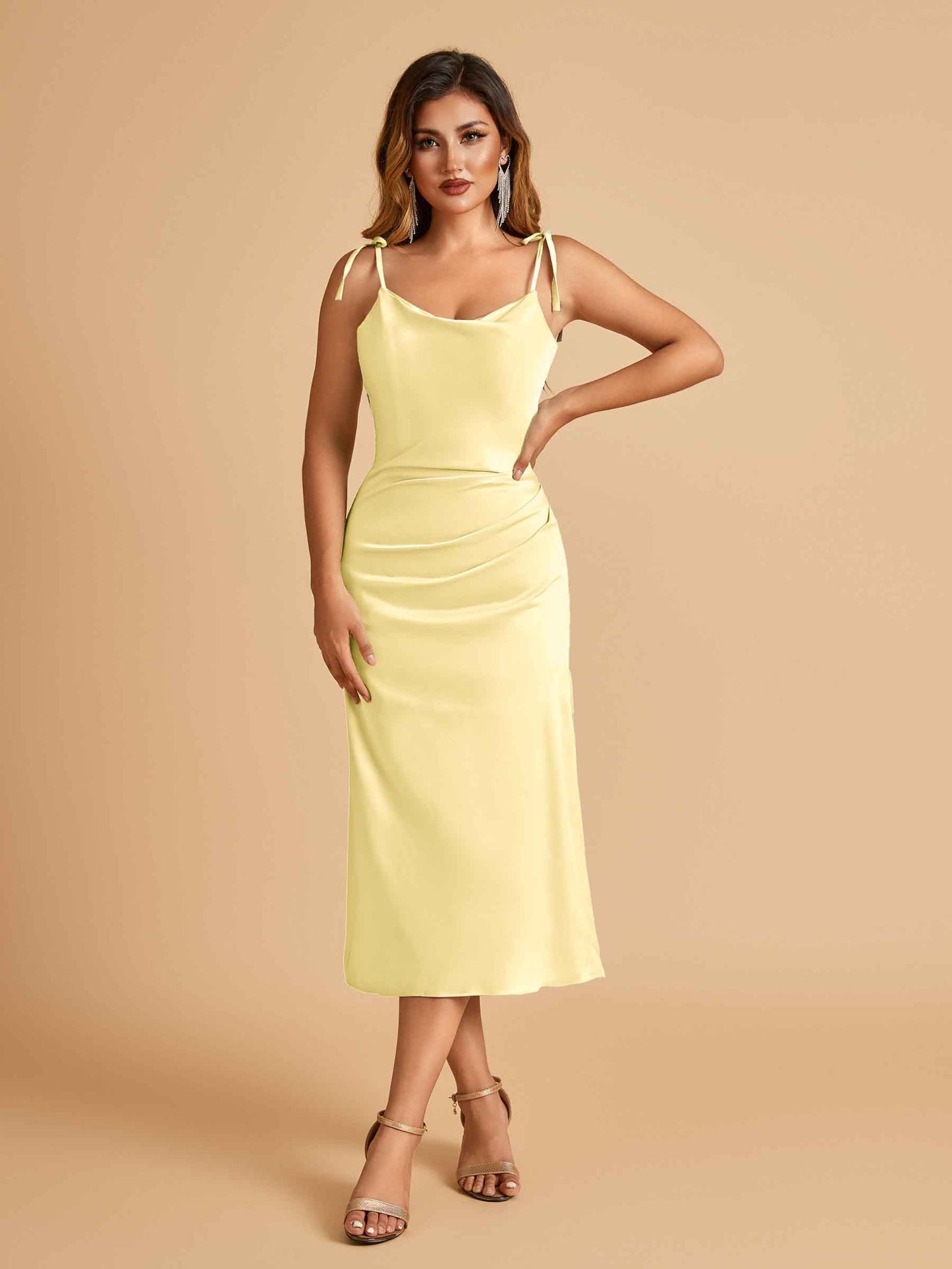 Sexy Satin Midi Prom Dresses Spaghetti Straps Slip Scoop Side Slit