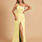 Satin One Shoulder Sheath Prom Dresses Spaghetti Straps Side Slit Floor Length