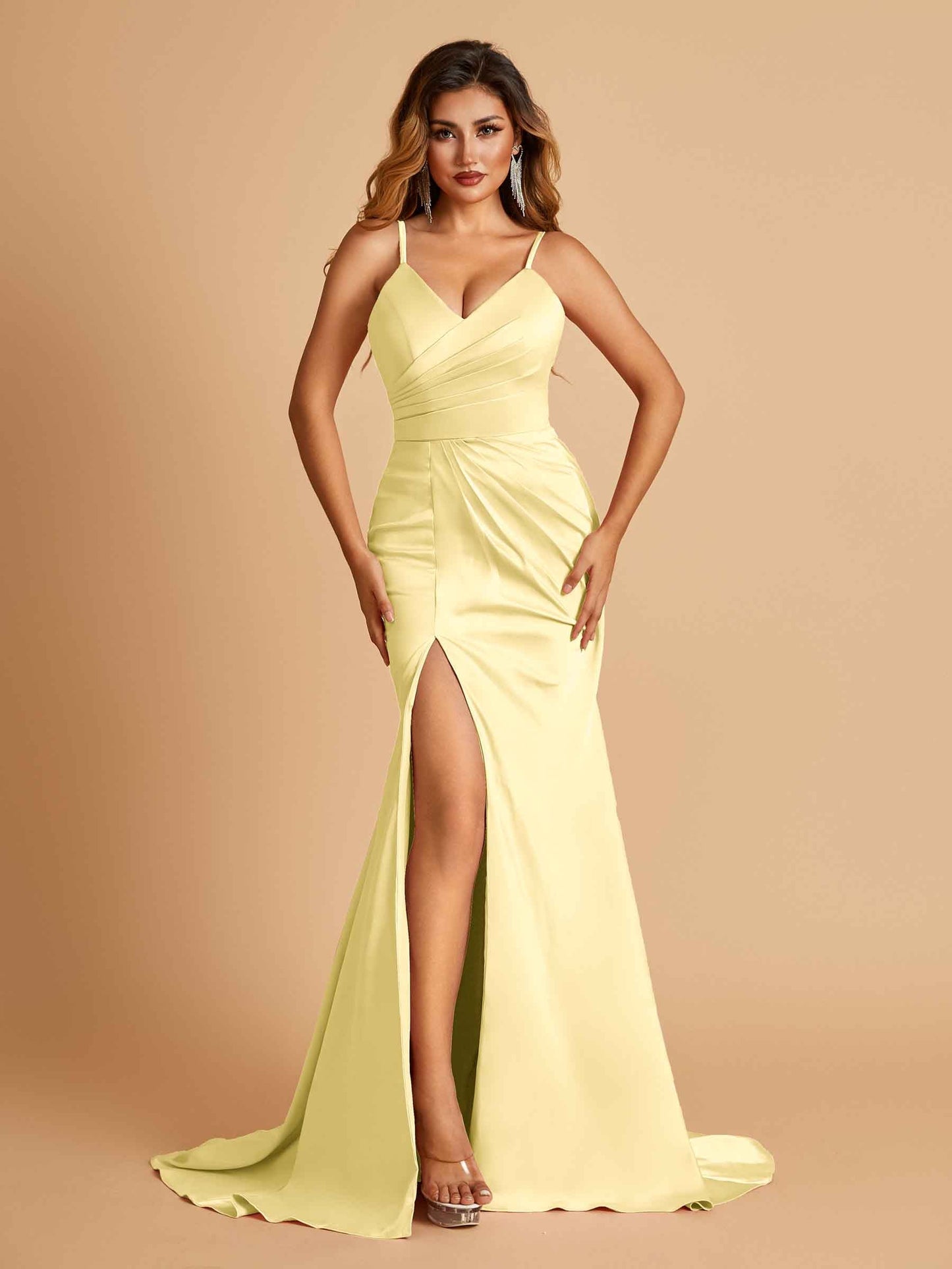 Sexy Mermaid Prom Dresses Spaghetti Straps Satin Side Slit Pleats Floor Length