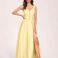Satin V-neck A-line Prom Dresses Side slit Floor Length
