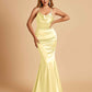 Satin Mermaid Open Back Prom Dresses Spaghetti Straps Scoop Floor Length