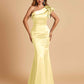 Satin One-shoulder Bridesmaid Dresses Ruffle Sleeves Mermaid Floor Length For Sale