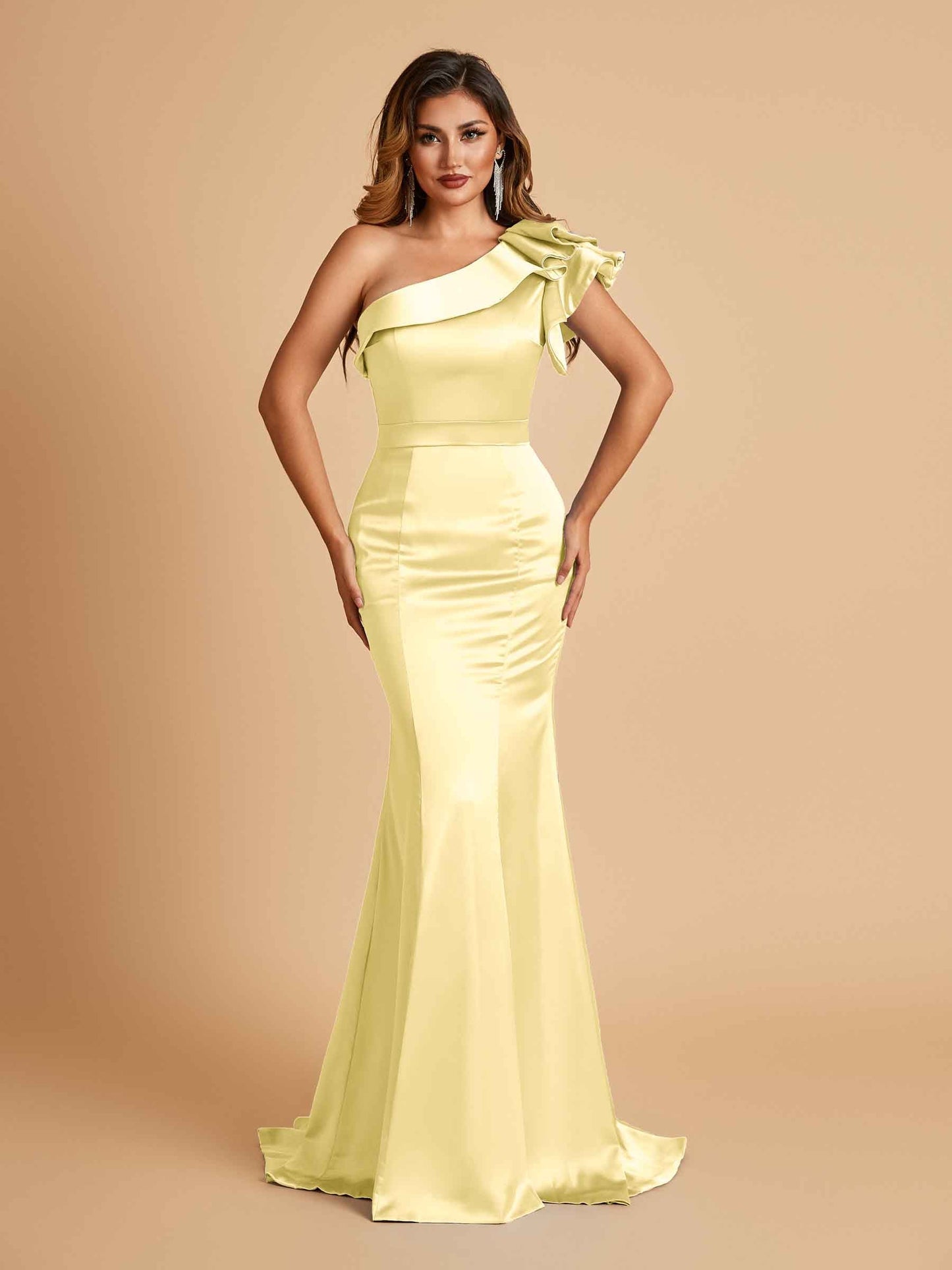 Satin One-shoulder Bridesmaid Dresses Ruffle Sleeves Mermaid Floor Length For Sale